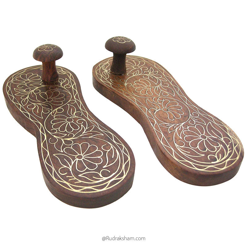 Charan Paduka Silver | Traditional Wooden Khadau with Silver Inlay Work for Home Temple