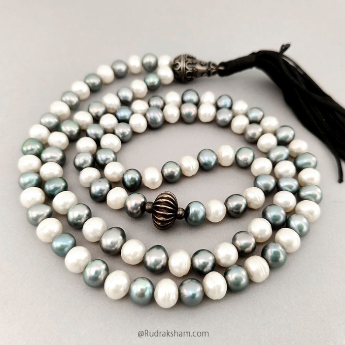 Grey Pearl and White Pearl Beads Mala Necklace, Moti ki Mala with Designer Silver Beads, Chakra mala, Moon Mala, Chandra Mala