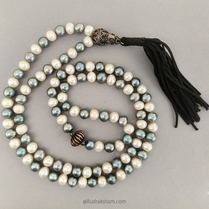 Grey Pearl and White Pearl Beads Mala Necklace, Moti ki Mala with Designer Silver Beads, Chakra mala, Moon Mala, Chandra Mala