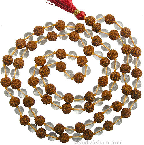 7mm Rudraksha Sphatik Mala Rosary | Crystal Quartz and Rudraksha Combination Mala Necklace | 108 Round Beads Meditation Mala