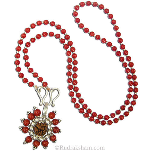 Coral Mala with 3 Mukhi Rudraksha Pendant