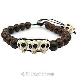 Red Sandalwood Beads Mala Bracelet with Skull Beads | Mund / Narmund Beads & Rakta Chandan Beads Bracelet in Adjustable Black Thread