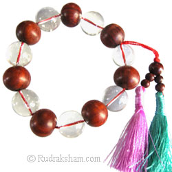 Red Sandalwood Beads and Sphatik Beads Mala Bracelet 14mm | Chandan and Crystal Plain Round Beads Wrist Mala Bracelet with Colorful Tassel 
