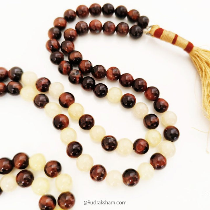 Red Tiger Eye Stone Beads and Yellow Aventurine Gemstone Beads Mala with Oval Moonstone Pendant in Silver, Chakra Necklace