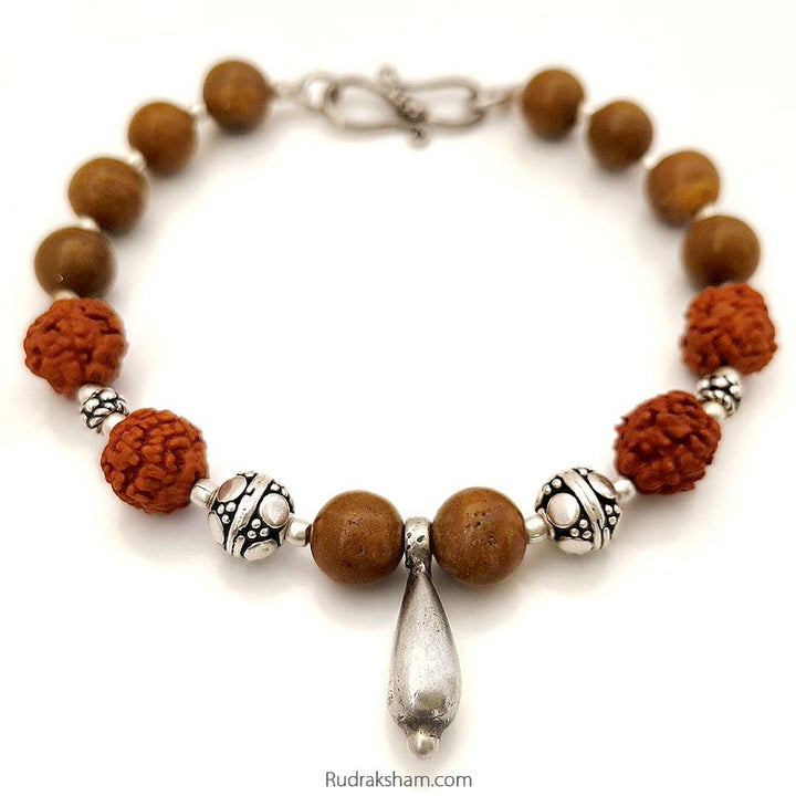 Camel Agate Rudraksha Beads Bracelet | Yellow Camel Agate / Hakik Smooth Round Gemstone Beads Bracelet with Rudraksha and Silver Accessories | Silver Bracelet