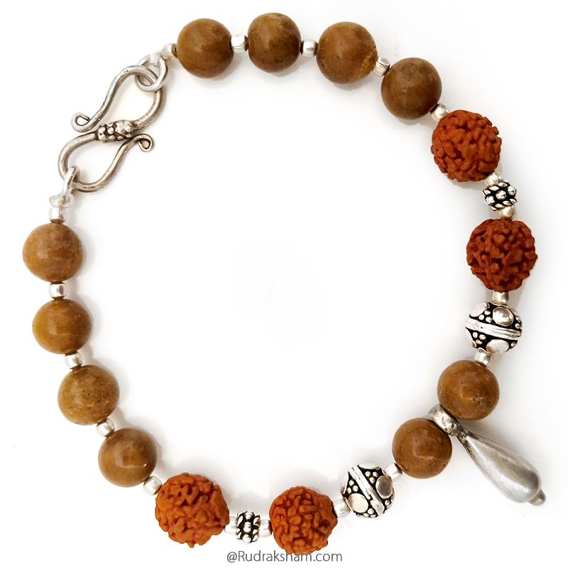Camel Agate Rudraksha Beads Bracelet | Yellow Camel Agate / Hakik Smooth Round Gemstone Beads Bracelet with Rudraksha and Silver Accessories | Silver Bracelet
