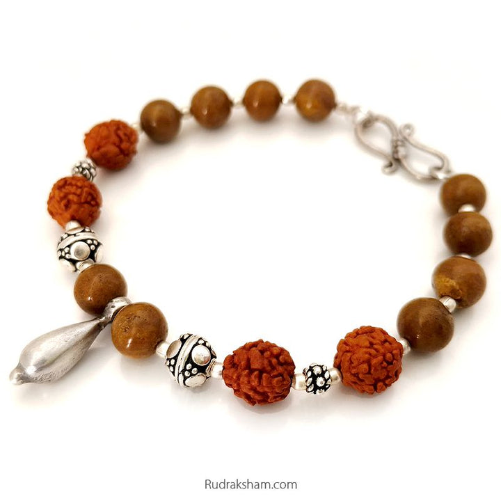 Camel Agate Rudraksha Beads Bracelet | Yellow Camel Agate / Hakik Smooth Round Gemstone Beads Bracelet with Rudraksha and Silver Accessories | Silver Bracelet