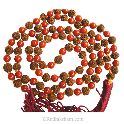 6.5mm Rudraksha Coral Mala | Rudraksha Moonga Mala Rosary for Planet Mars | Rudraksha Munga Round Beads Japa Mala