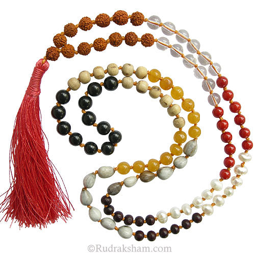 Rudraksha Multi Stone Beads Mala | Red Sandalwood ( Chandan )
