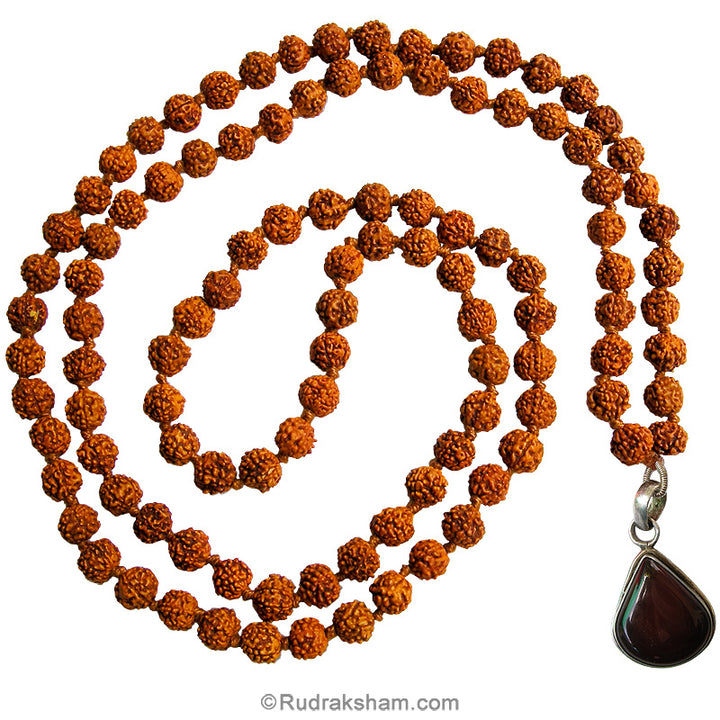 Rudraksha - Garnet Necklace | Handknotted 108 Beads Rudraksha Mala 8mm with Garnet Gemstone Pear Shaped Silver Pendant