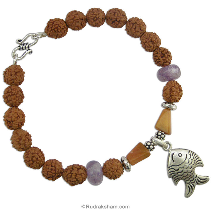 Rudraksha and Amethyst Stone Beads Bracelet with Silver Fish pendant