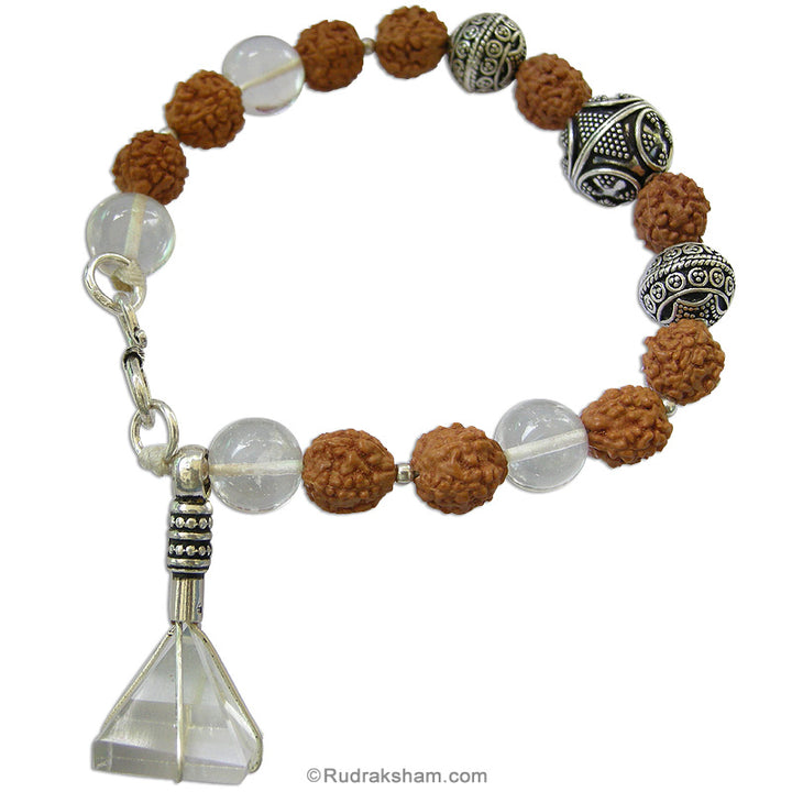 Rudraksha and Sphatik Beads along with a Crystal Pyramid Pendant Silver Bracelet | Smooth Round Quartz / Crystal Beads in silver Balls accessories