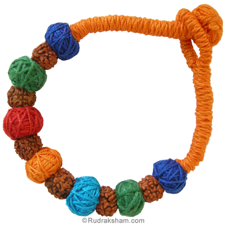 Rudraksha Healing Wrist Band in multicolor thread balls | Rudraksha Beads Hand Band in orange thread