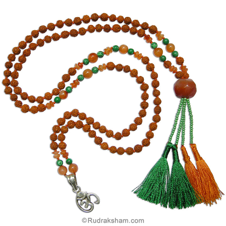 Rudraksha Malachite Orange Carnelian Gemstone Necklace Handknotted | 14 mm Carnelian cut stone bead and a silver Om Pendant with designer tassel