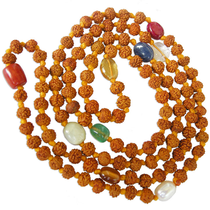 4mm Rudraksha - Navratna Navgrah Mala Rosary  | Rudraksha Beads 9 Gemstones Mala Rosary | Rudraksha Navratna Mala