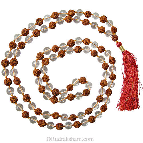 8mm Rudraksha Sphatik Mala | Rudraksha Crystal Mala Rosary For Planet Venus | Rudraksha Quartz 108 Round Beads Japa Mala