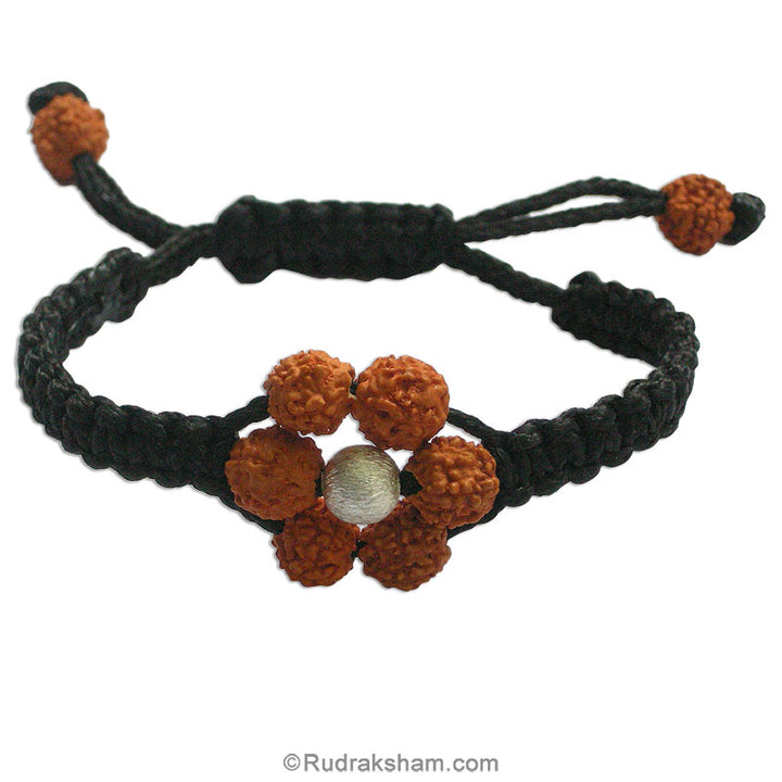 Rudraksha Beads Wrist Band with Silver Ball - 9.0 mm | Handmade Designer adjustable Rudraksha Beads Wrist Band with Silver Bead in Black Thread