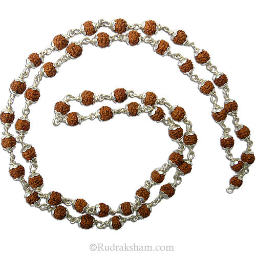 Five Mukhi 5mm Rudraksha Mala Necklace | Paanch Mukhi Silver Mala | Energised Java 5 Mukhi 54 Beads Mala Rosary