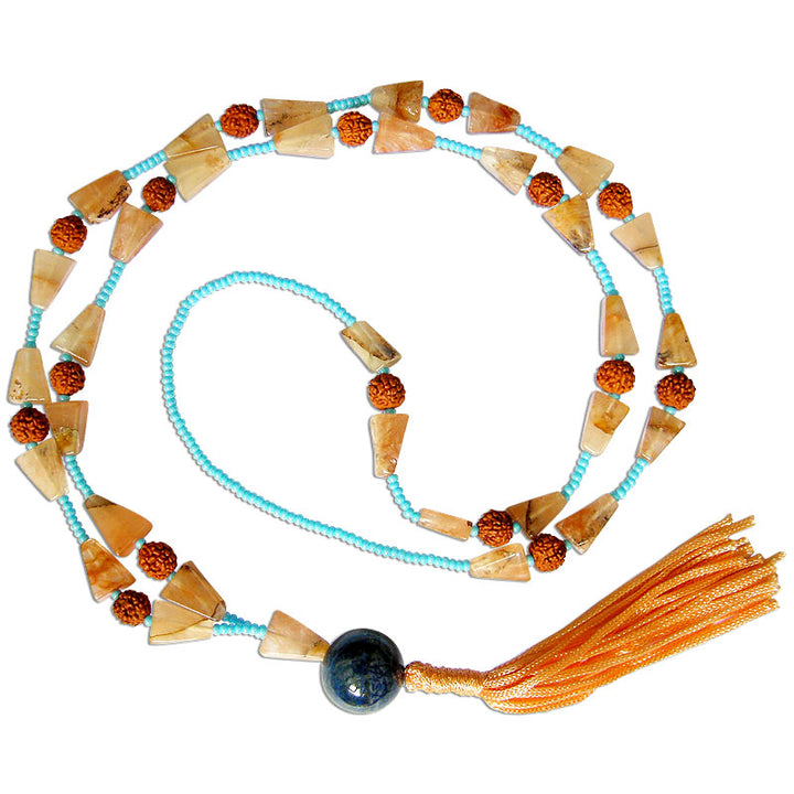 Rudraksha Beads - Turquoise Seed Beads Mala Necklace with Triangle shaped Orange Color Stone Beads and a Large 12 mm Lapis Lazuli Bead with Tassel