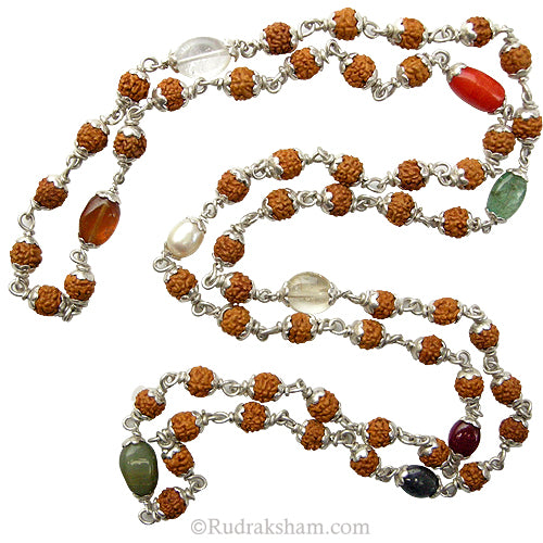 6mm Rudraksha - Navratna Navgrah Mala Necklace | Rudraksha 9 Gems Rosary in Silver Caps | Rudraksha Navratna Beads Kantha Mala