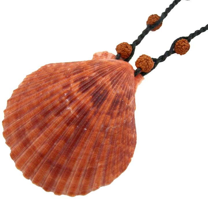  Scallop Shell Pendant with Rudraksha Black Cord Necklace 