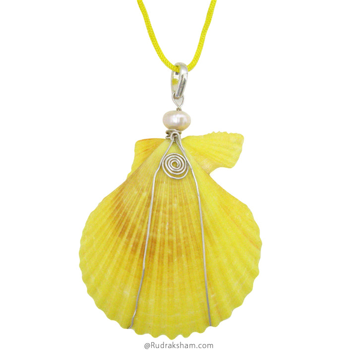Seep Pendant Necklace, Real Natural Yellow Seashell with Pearl Bead Necklace In Silver, Scallop Shell Silver Pendant with Yellow Cord Necklace
