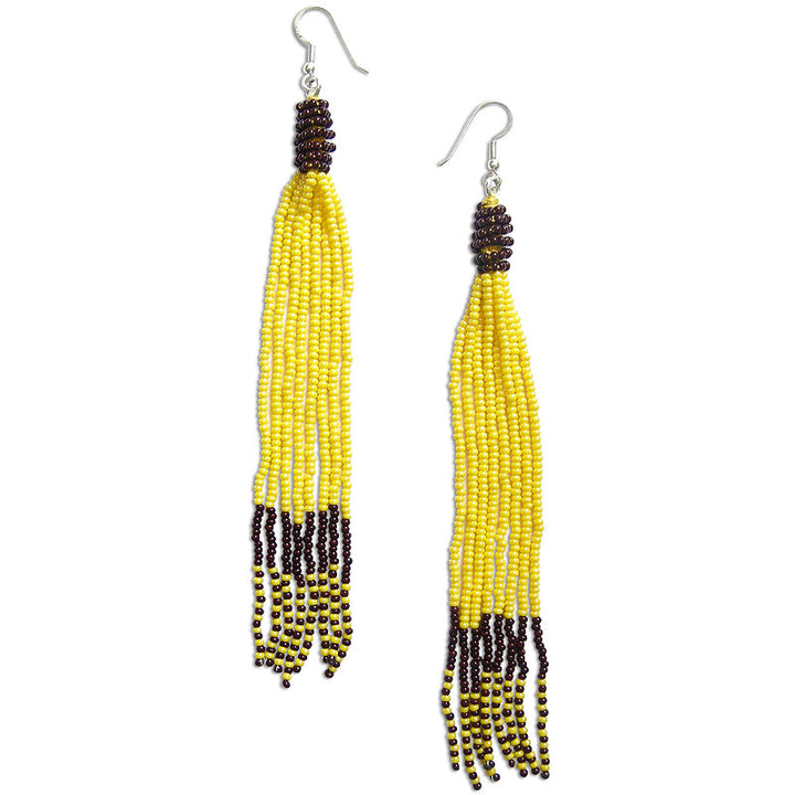 Seed Bead Earring Yellow and Brown in Silver French Hook