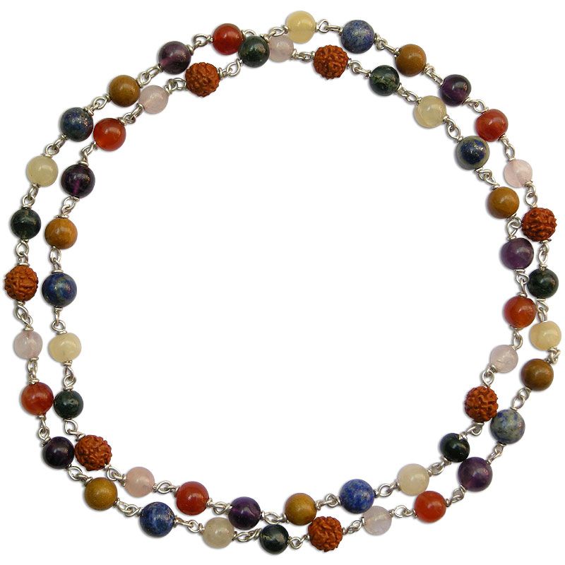 7 Gemstone and Rudraksha Healing Chakra Mala Necklace | Rose Quartz, Orange Carnelian, Amethyst, Camel Agate, Lapis Lazuli, Yellow Aventurine and Moss Agate Beads