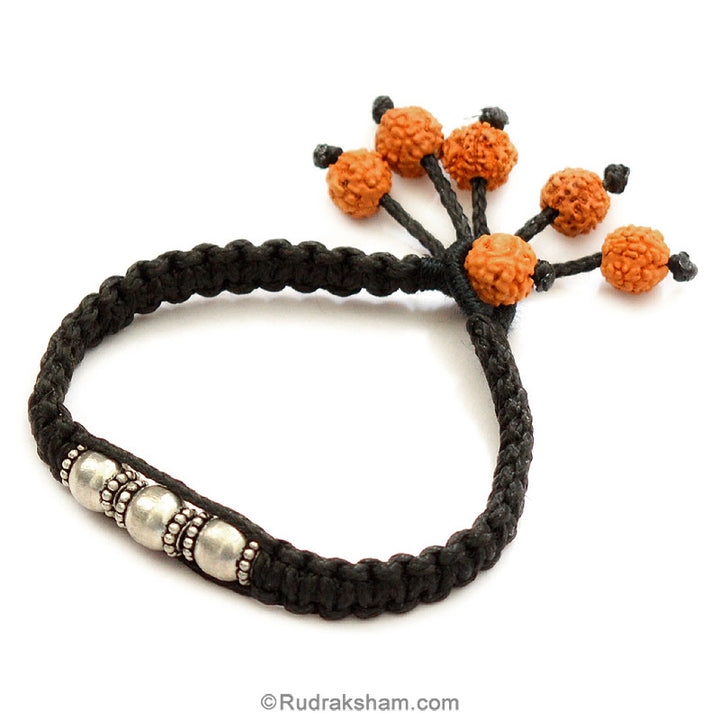 Rudraksha and Silver Beads Bracelet | Handmade Designer Wrist Band with silver Beads and Dangling Rudraksha in Black Thread