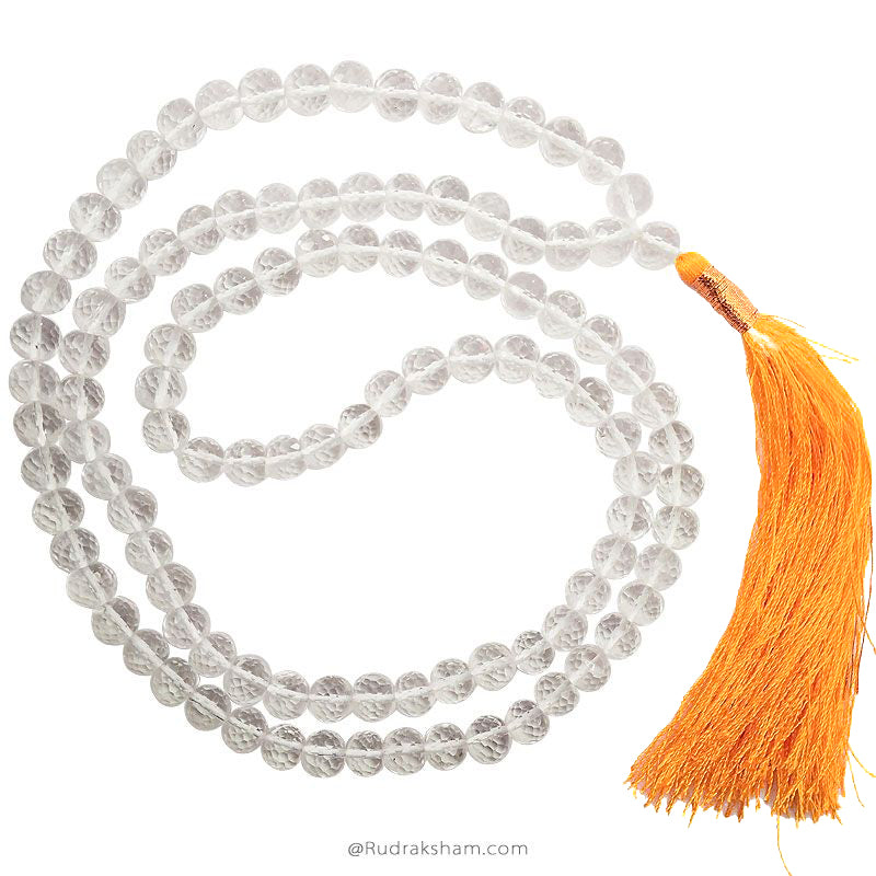 7 mm Sphatik Diamond Cut Stone Beads Mala Necklace | Original and Natural Sphatik / Crystal / Quartz High Grade Diamond Cut Gemstone Rosary | 108 + 1 Beads