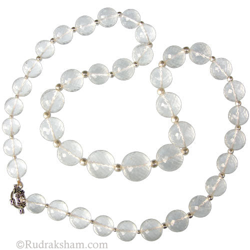 13 mm to 20 mm Natural Sphatik Stone Mala | Original High Quality Clear Diamond Cut Crystal Beads Rosary | Crystal / Quartz Diamond Cut Gemstone Mala Necklace with Silver Spacers