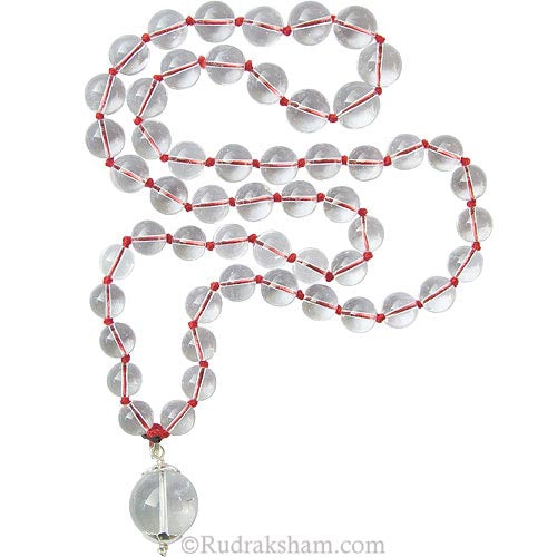 12 mm - 14 mm Natural Sphatik Hand Knotted Mala with Round Crystal Silver Pendant 18 mm | Original High Quality Clear Smooth Round Beads Quartz Stone Rosary with Large Sphatik Pendant