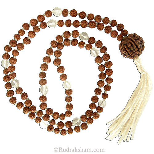 Rudraksha Beads – Sphatik ( Crysta / Quartz ) Diamond Cut Gemstone Beads Combination Mala Rosary Hand Knotted in Thread with 6 Mukhi Rudraksha Nepal