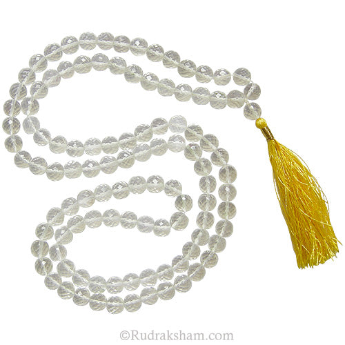 8 mm Sphatik Diamond Cut Stone Beads Mala Necklace | Original and Natural Sphatik / Crystal / Quartz High Grade Diamond Cut Gemstone Rosary | 108 + 1 Beads