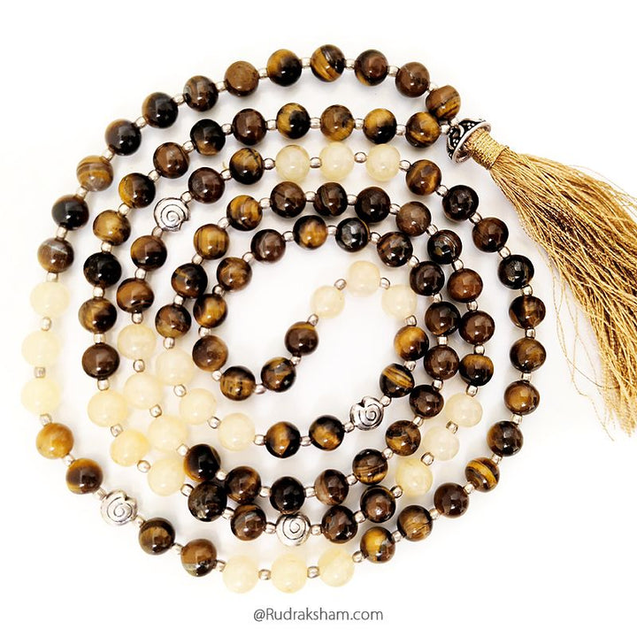 Tiger Eye and Yellow Aventurine Beads Necklace, Plain Round Gemstone Beads mala with Silver accessories and tassel