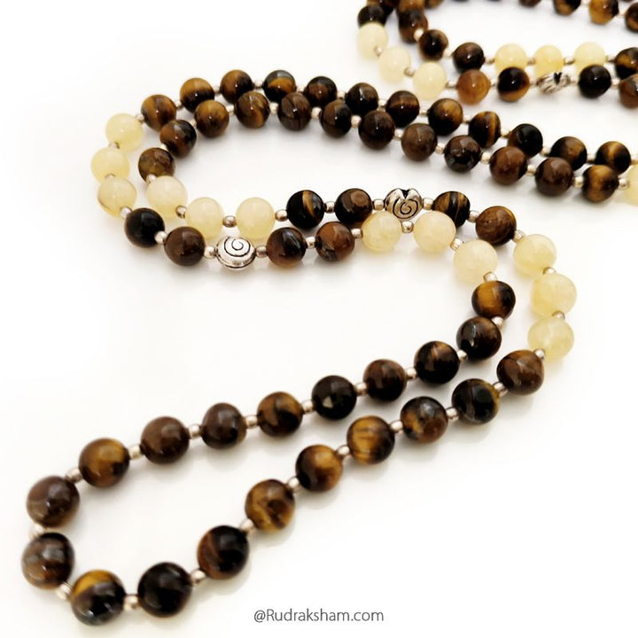 Tiger Eye and Yellow Aventurine Beads Necklace, Plain Round Gemstone Beads mala with Silver accessories and tassel