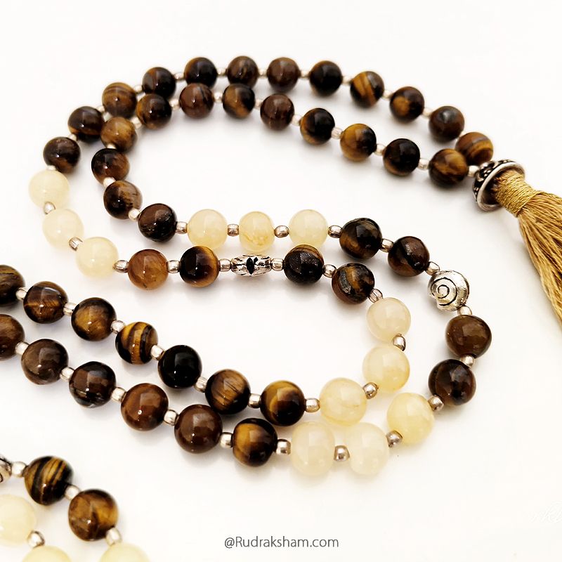 Tiger Eye and Yellow Aventurine Beads Necklace, Plain Round Gemstone Beads mala with Silver accessories and tassel