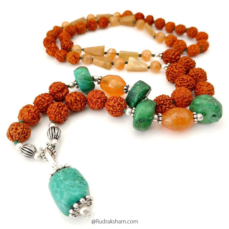Green Turquoise, Orange Agate, Orange Carnelian Gemstone, Rudraksha Beads Necklace with silver Accessories | Large Green Turquoise Bead Pendant