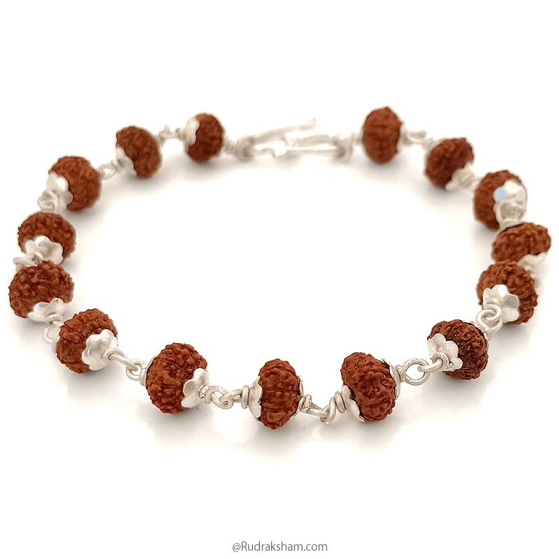 9 Mukhi Bracelet in Silver | Nine / Nau Mukhi Rudraksha Bracelet with Silver Caps and Links | 9 faced Rudraksha Silver Bracelet | Original & Energised 8mm Beads of 9 / Nau Mukhi