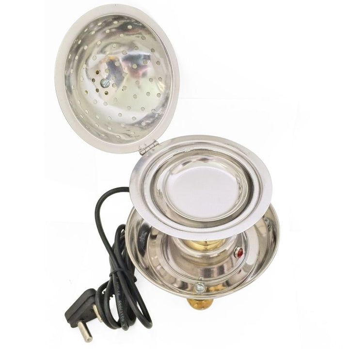 Electric Steel Bakhoor Burner | Electric Dhoop Dani | Loban Dhoop Burner with Wooden Stand | Incense Burner