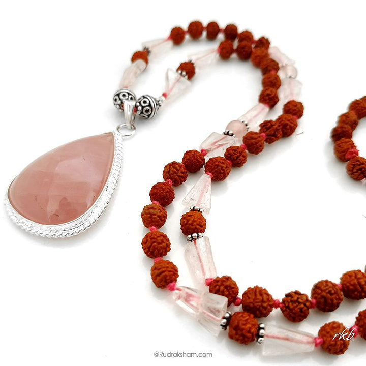 Rose Quartz and Rudraksha Beads Necklace | Pink Rose Quartz Triangle - Round Beads with Pear shaped Pendant with Silver Accessories