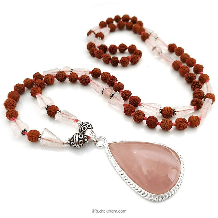 Rose Quartz and Rudraksha Beads Necklace | Pink Rose Quartz Triangle - Round Beads with Pear shaped Pendant with Silver Accessories