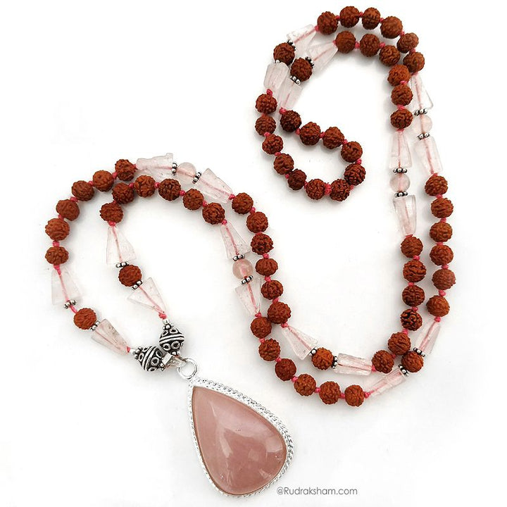 Rose Quartz and Rudraksha Beads Necklace | Pink Rose Quartz Triangle - Round Beads with Pear shaped Pendant with Silver Accessories