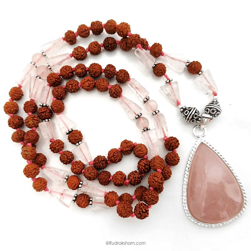 Rose Quartz and Rudraksha Beads Necklace | Pink Rose Quartz Triangle - Round Beads with Pear shaped Pendant with Silver Accessories