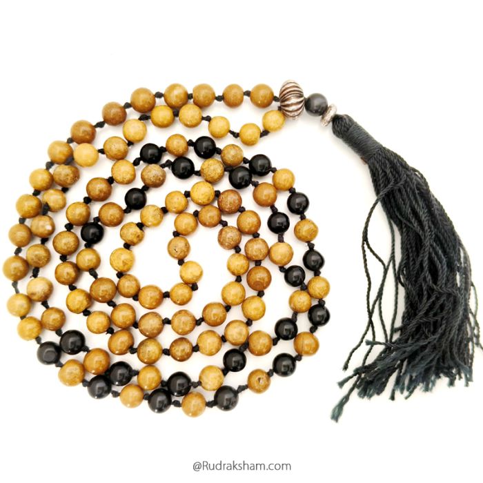 Natural Black Agate and Camel Agate Hakik Mala | Original Agate (Kali Hakik) Stone Necklace with Silver Bead and Tassel