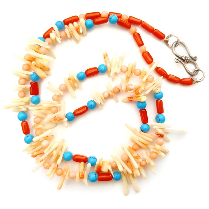 Coral and Blue Turquoise Stone Necklace, Light Orange Coral Chips and Smooth Round Beads - Red Coral Pipe Shaped Beads Necklace with Silver Hook, Moonga Mala