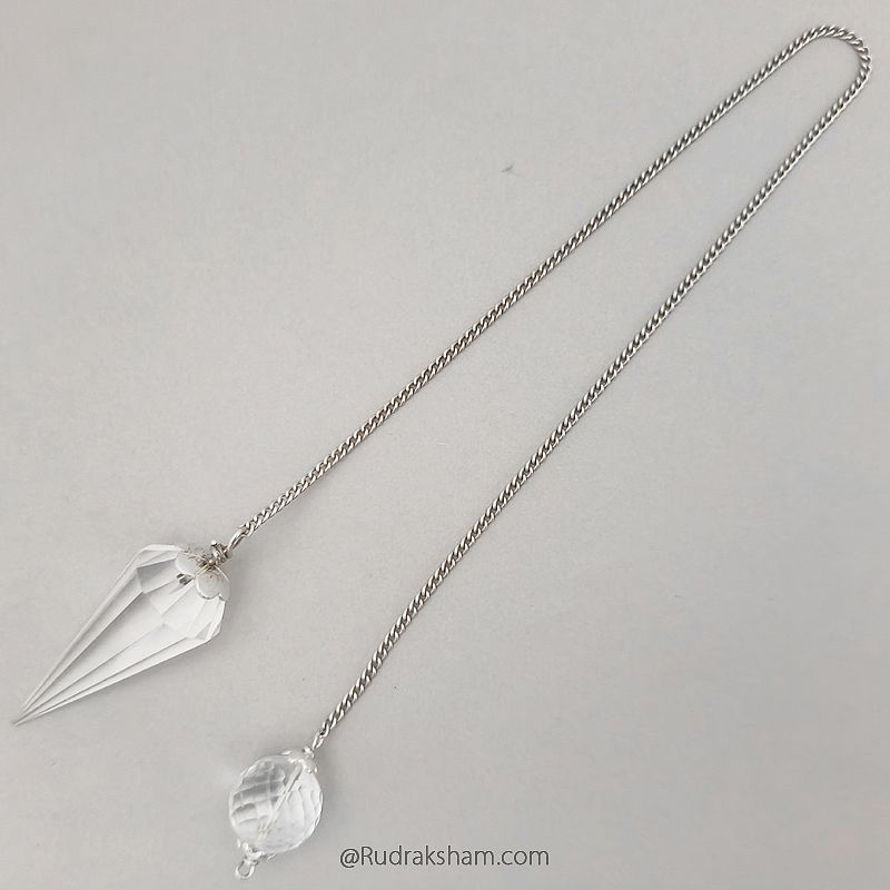 Sphatik Pendulum with Silver Chain | Crystal Quartz Dowsing Pendulum | Crystal - Quartz faceted Pendulum With Silver Cap and Chain