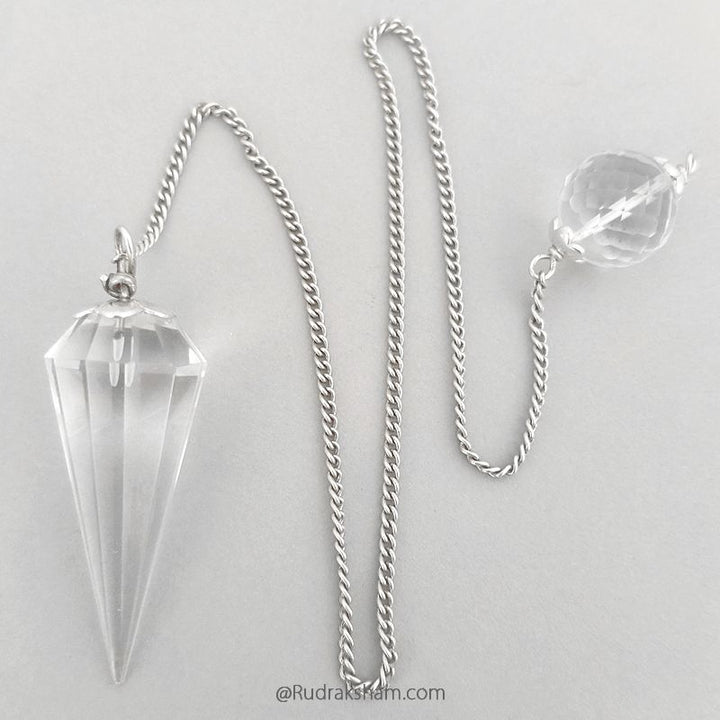 Sphatik Pendulum with Silver Chain | Crystal Quartz Dowsing Pendulum | Crystal - Quartz faceted Pendulum With Silver Cap and Chain