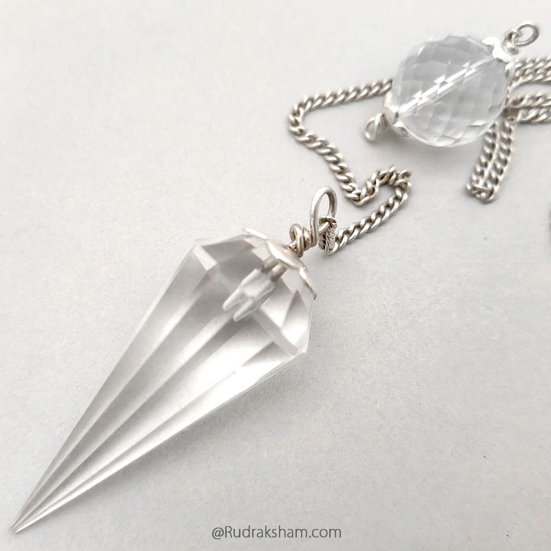 Sphatik Pendulum with Silver Chain | Crystal Quartz Dowsing Pendulum | Crystal - Quartz faceted Pendulum With Silver Cap and Chain