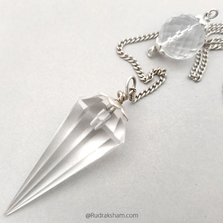 Sphatik Pendulum with Silver Chain | Crystal Quartz Dowsing Pendulum | Crystal - Quartz faceted Pendulum With Silver Cap and Chain